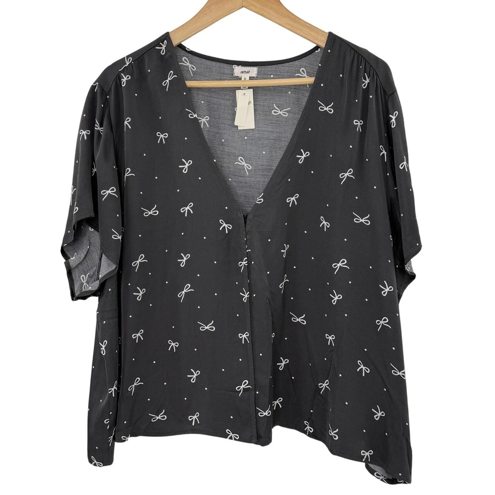 NWT Aerie Womens Black XL  Bow Dot V‎ Neck Short Sleeve Button Front Sleep Shirt